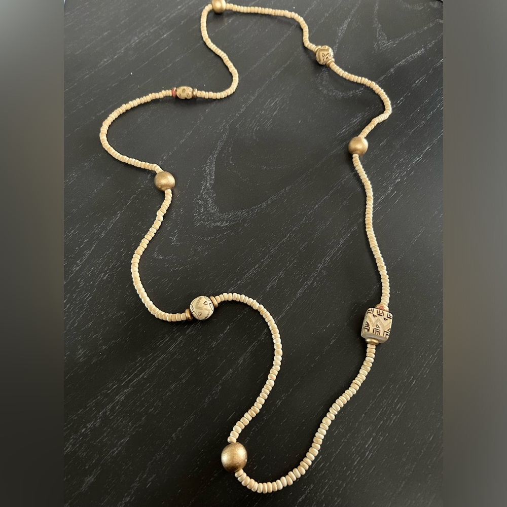 Wooden featherweight beaded long necklace cream and gold